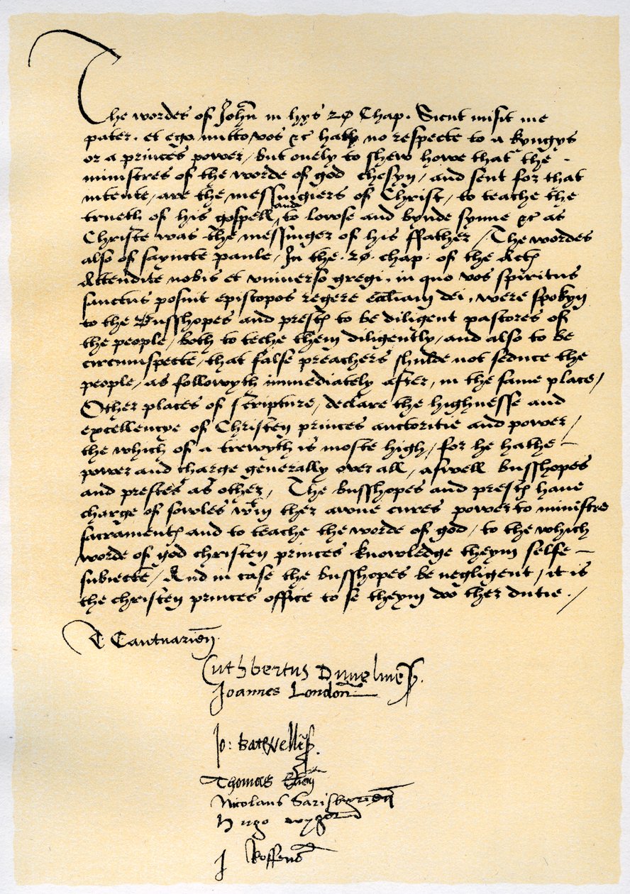 Ærkebiskop Crammers og syv andre engelske biskoppers biskoppelige erklæring, c1537. af Thomas Cranmer