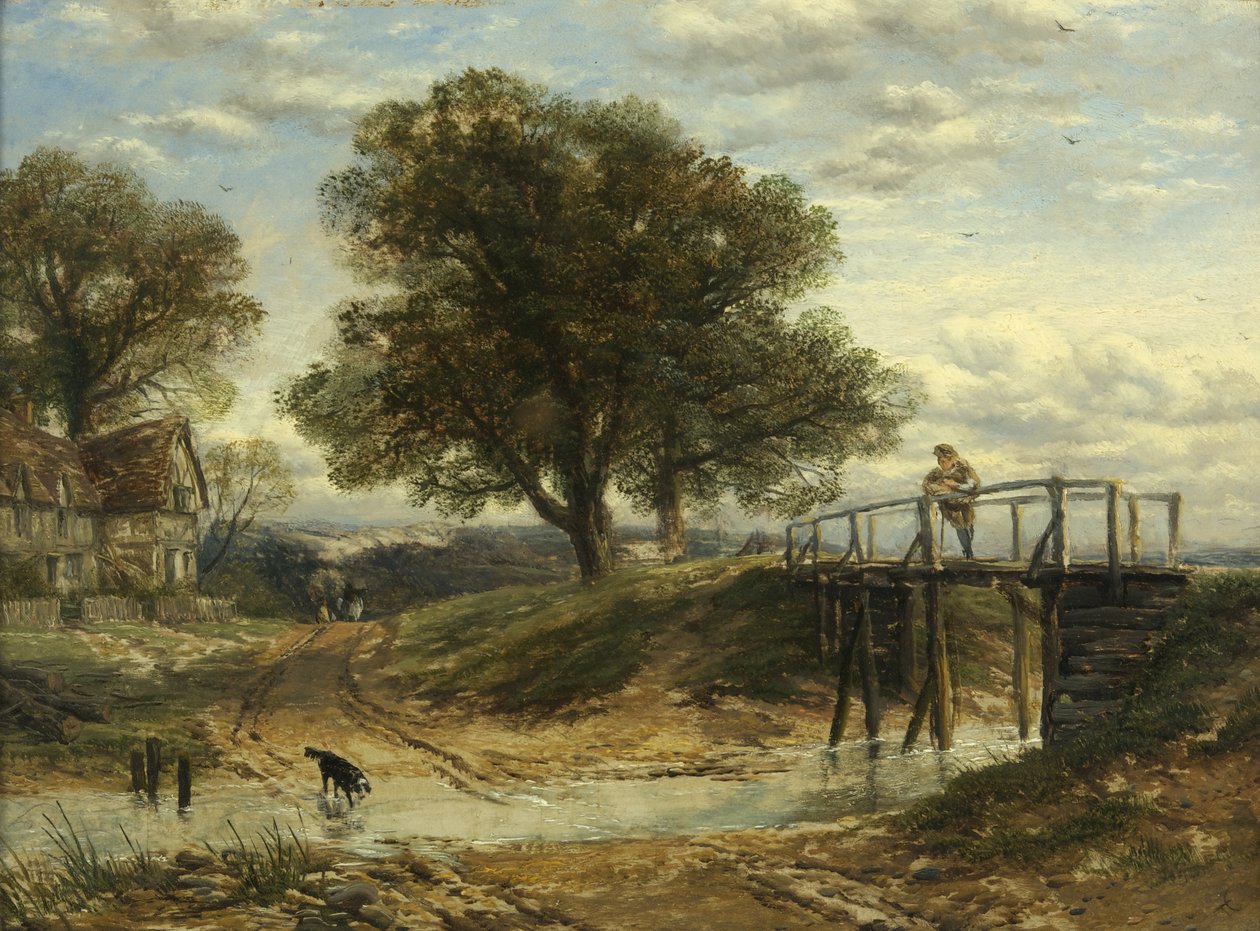 Landskab med vandløb, bro og hytte (olie på panel) af Thomas Creswick