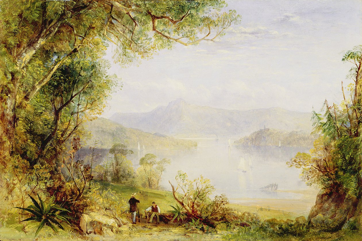 Udsigt over Hudson River, ca. 1840-45 (olie på panel) af Thomas Creswick