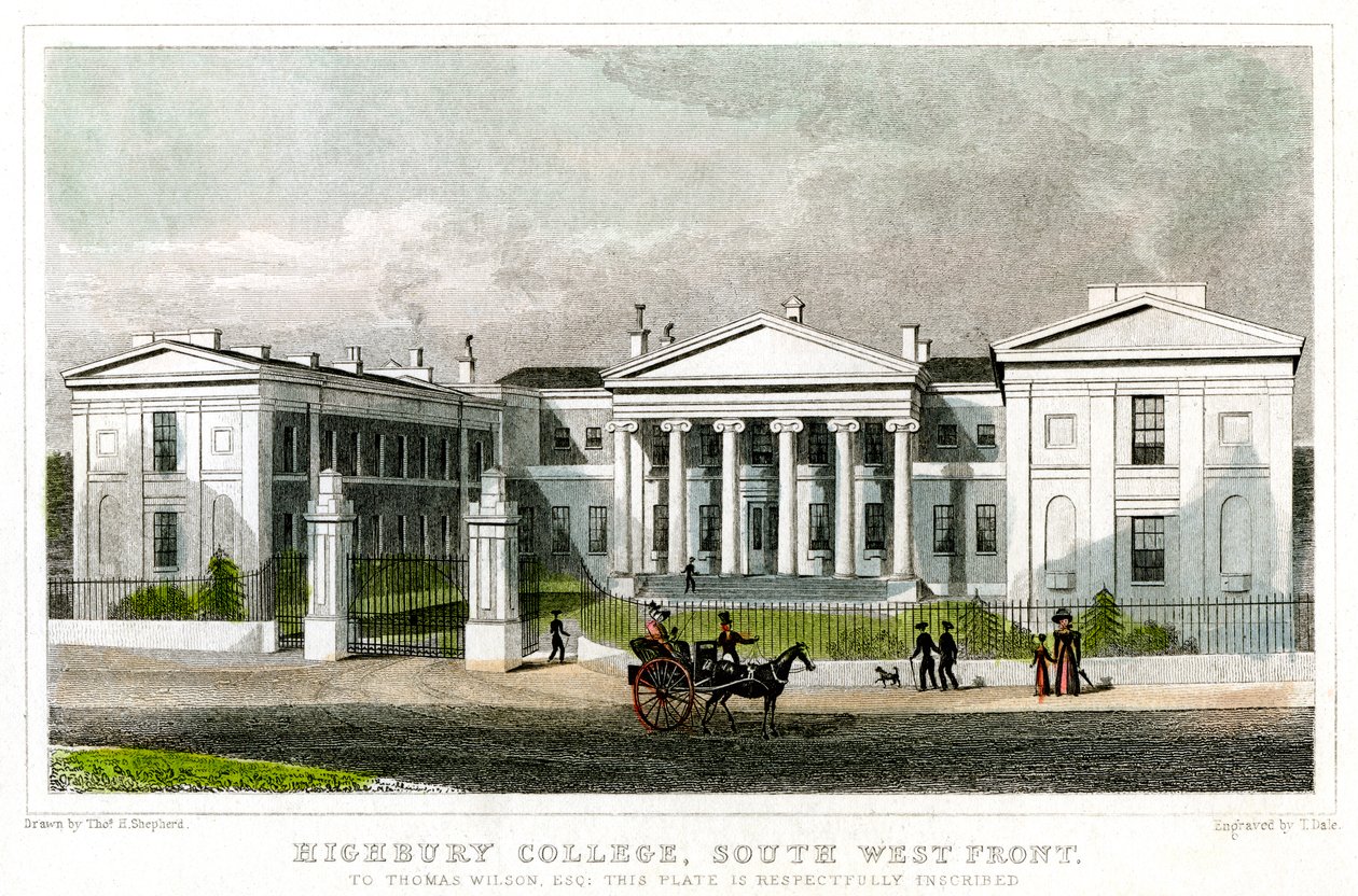 Highbury College, sydvestfronten, Islington, London, 1827. af Thomas Dale