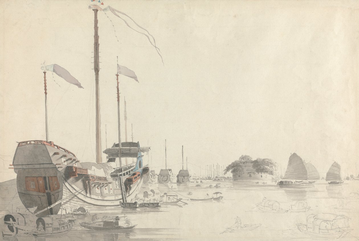 Både nær et hollandsk Folly Fort, Canton af Thomas Daniell