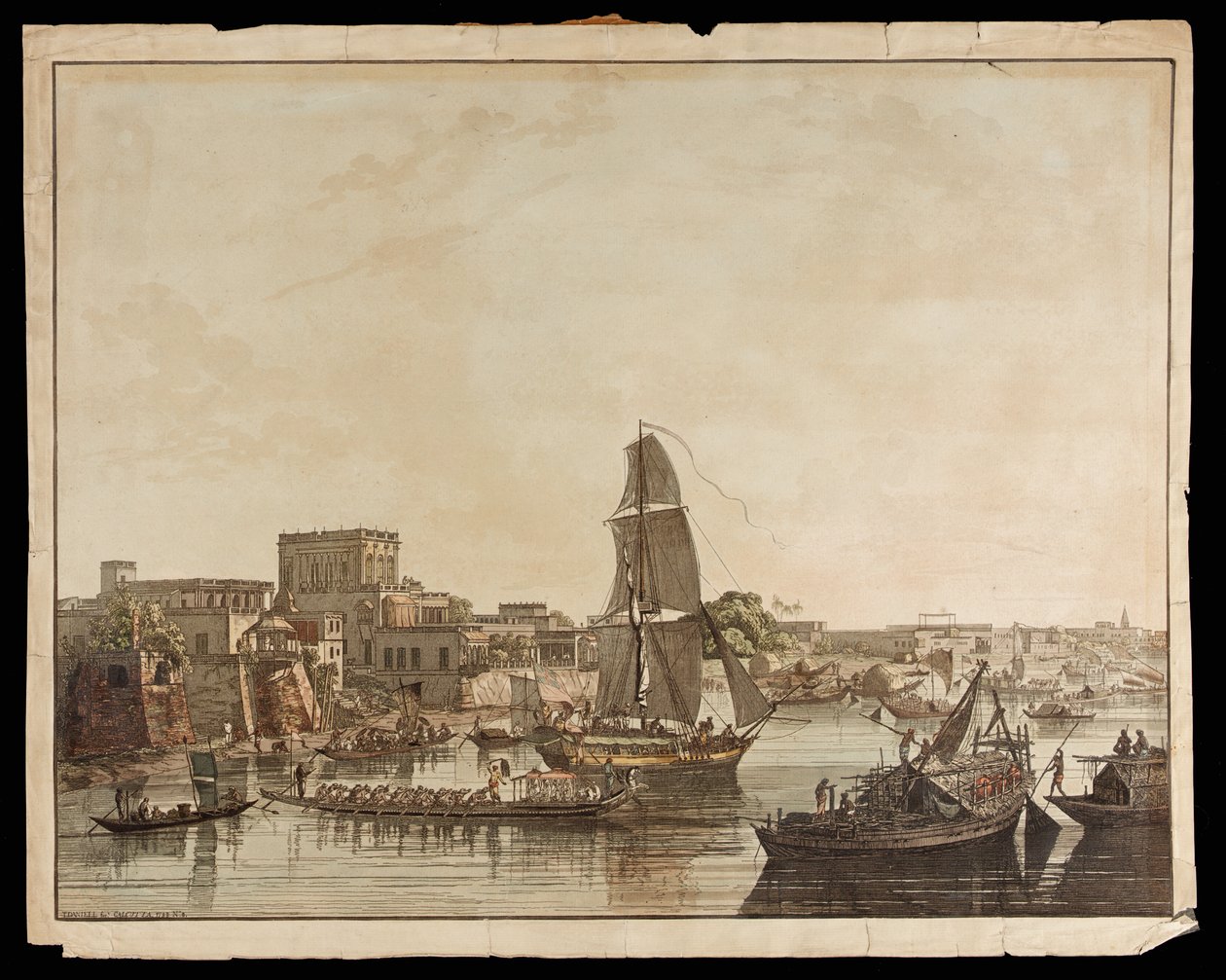 Calcutta fra floden Hoogly: Gentoo-bygninger fra udsigten over Calcutta, 1788 af Thomas Daniell