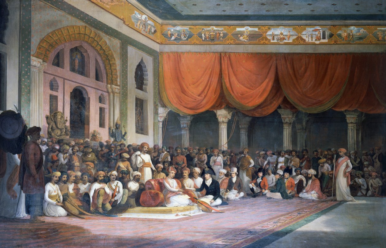 Charles Warre Malet indgår traktat med Peshwa fra Maratha Empire i 1790 i Durbar af Thomas Daniell