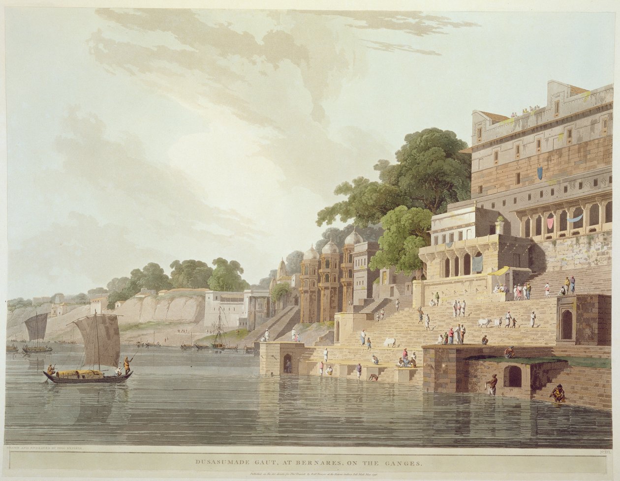 Dusasumade Gaut, ved Benares ved Ganges-floden, fra "Oriental Scenery: Twenty Four Views in Hindoostan", 1796 af Thomas Daniell