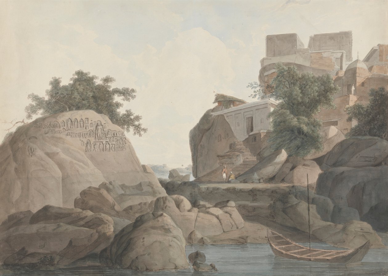 Fakirs klippe ved Sultanganj ved Ganges-floden af Thomas Daniell