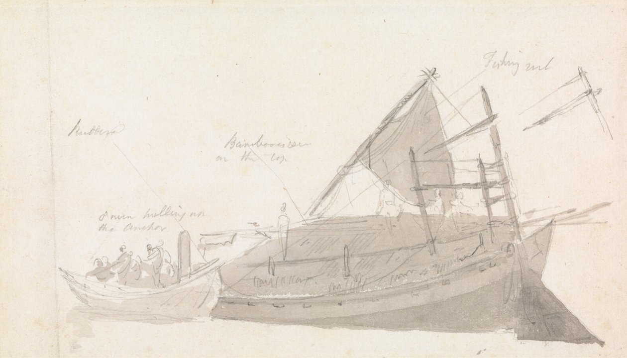 Fiskerbåd med lille fartøj ved siden af af Thomas Daniell