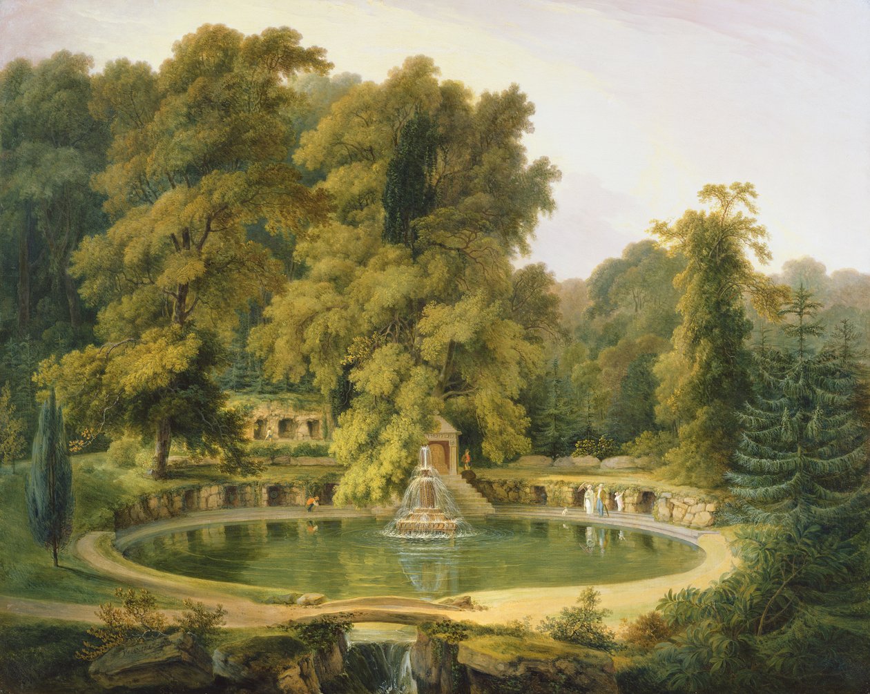 Tempel, springvand og hule i Sezincote Park af Thomas Daniell