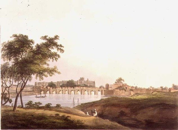 Broen ved Juonpore, Bengal, indgraveret af H. Merke (fl.1800-20) pub. af Edward Orme (1774-c.1820) 1804 (litho) af Thomas Daniell