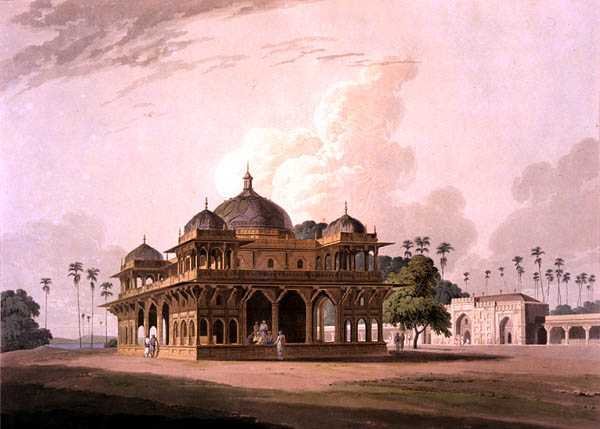 Mucdoom Shah Dowluts mausoleum i Moneah ved floden Soane, fra "Oriental Scenery: Twenty Four Views in Hindoostan": "Orientalsk orientalsk landskab": "Orientalsk landskab": "Orientalsk landskab", fra "Twenty Four Views in Hindoostan". af Thomas Daniell