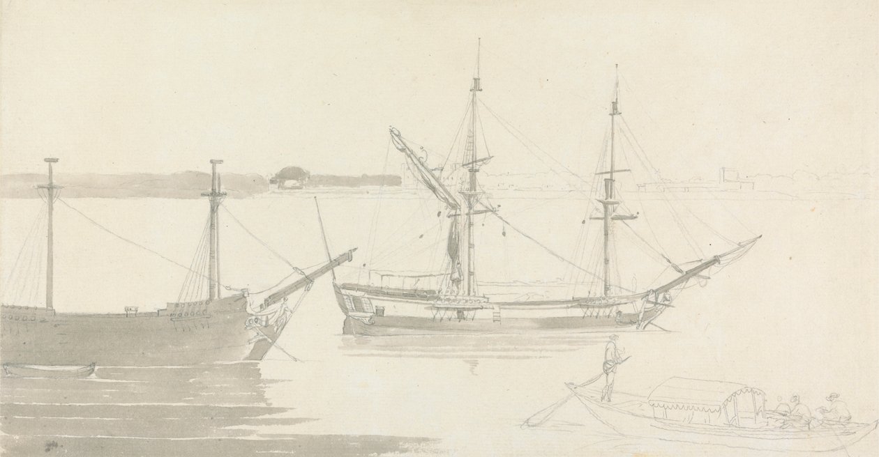 To fortøjede Skibe og en Fiskerbåd af Thomas Daniell
