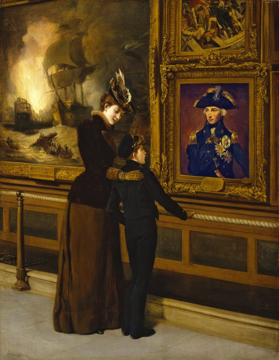 Britisk stolthed og ære, en kadet fra Royal Navy betragter det berømte portræt af Horatio Nelson (1748-1805) af Lemuel Abbott af Thomas Davidson