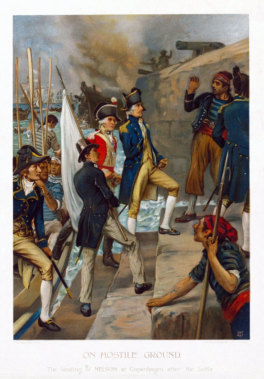 I et fjendtligt land. Horatio Nelsons (1758-1805) landgang i København (Danmark) efter slaget (1801). Kromolitografi, ca. 1897, af Thomas Davidson (aktiv 1863-1903). af Thomas Davidson