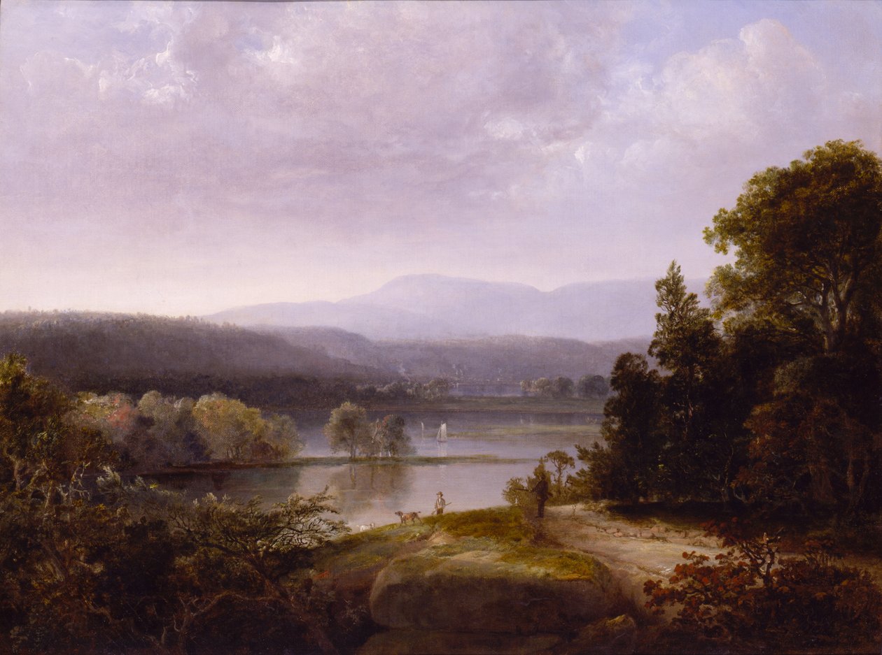 Flodudsigt med jægere og hunde, ca. 1850. af Thomas Doughty