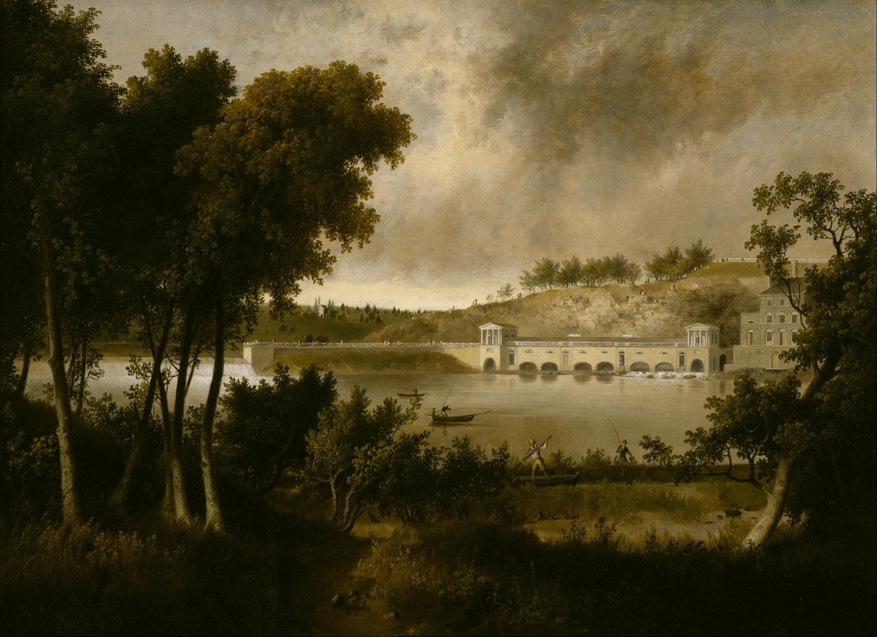 Udsigt over Fairmount-vandværket i Philadelphia fra den modsatte side af Schuylkill River af Thomas Doughty