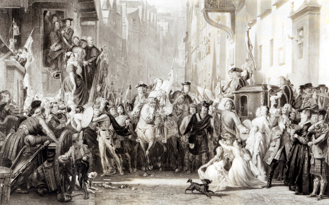 Prins Charles Edward (1720-88) og højlænderne på vej ind i Edinburgh efter slaget ved Preston, 21. september 1745 (se 105438) af Thomas Duncan