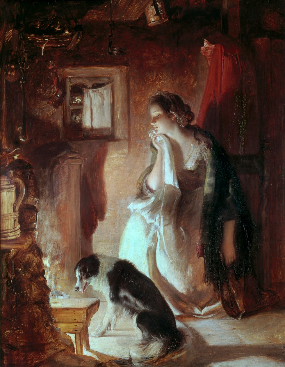 Det sørgelige hjerte, En ung kvinde ved ilden, trist ansigt på grund af en sorg. Maleri af Thomas Duncan (1807-1845) Victoria and Albert museum, London af Thomas Duncan