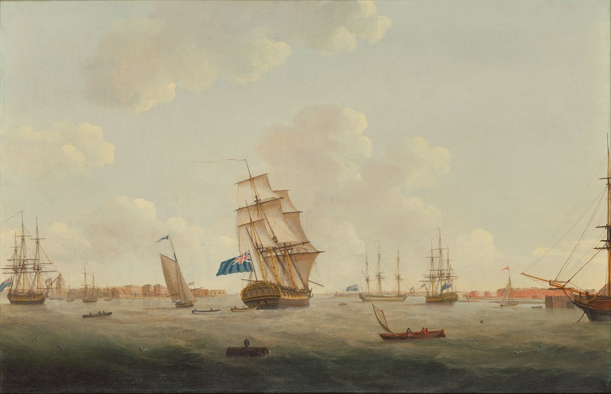Et panorama af Portsmouth havn med krigsskibe og anden skibsfart af Thomas Elliott