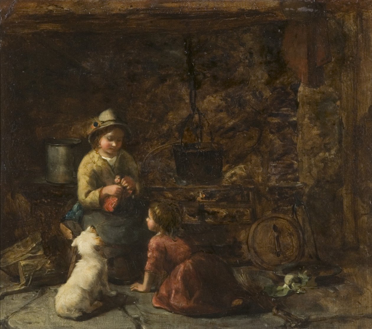 Sommerhusinteriør med to børn, ca. 1850 (olie på pap) af Thomas Faed