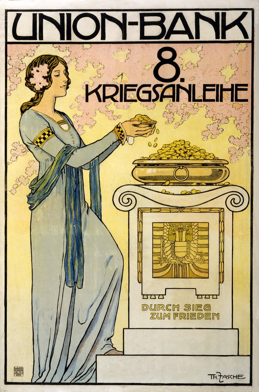 Østrigsk indsamlingskampagne Union-Bank, 8. krigsobligation; gennem sejr til fred, udg. 1918 af Thomas Fasche