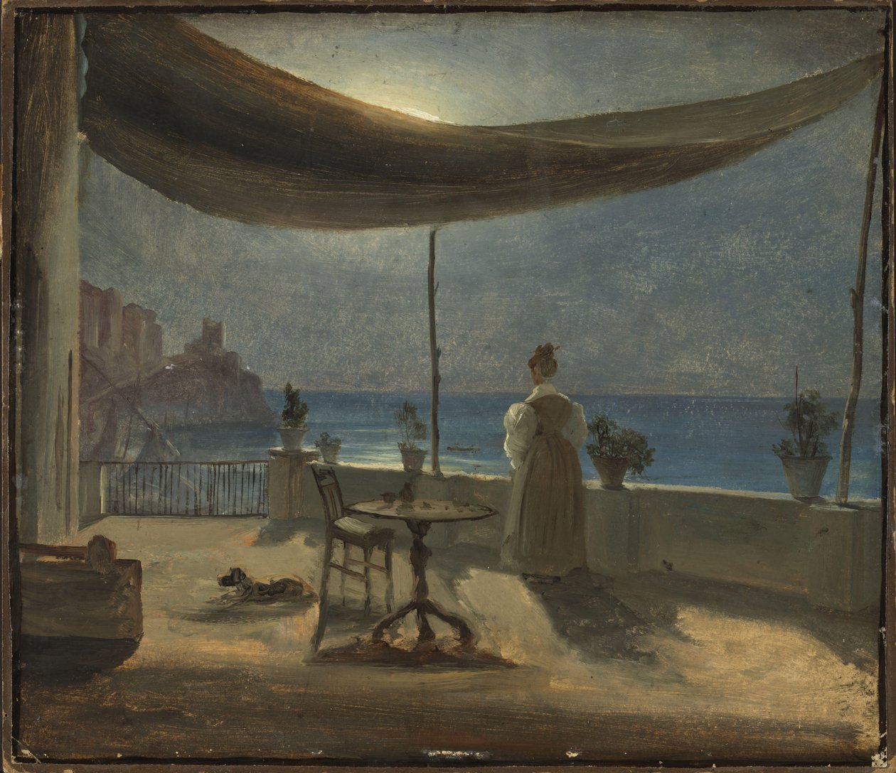 En terrasse i Amalfi i måneskin, ca. 1834 (olie på papir monteret om bord) af Thomas Fearnley