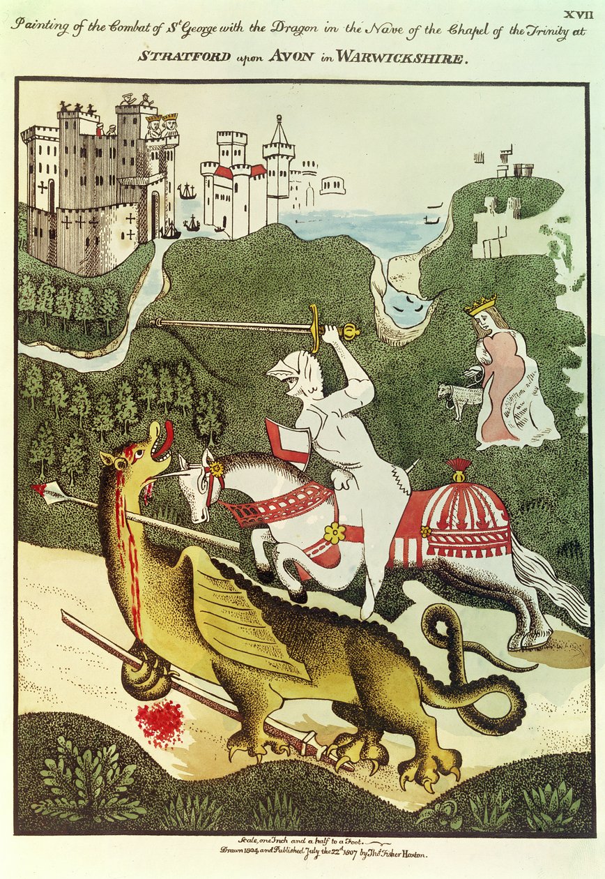 St. George and the Dragon, efter et originalt maleri i Treenighedens Kapel i Stratford Upon Avon, Warwickshire, 1804 af Thomas Fisher Hoxton
