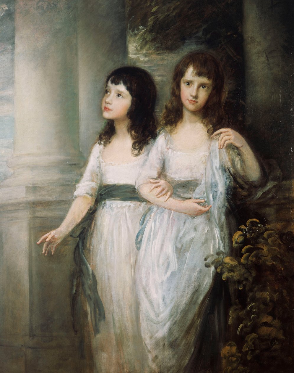 Et gruppeportræt af Misses Sloper, begge stående næsten i fuld længde i hvide kjoler med blå skære, af Thomas Gainsborough