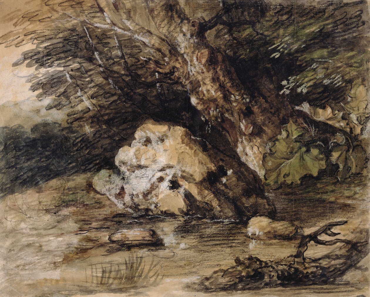 Et kuperet landskab med figurer, der nærmer sig en bro, ca. 1763 (wc og gouache på papir) af Thomas Gainsborough