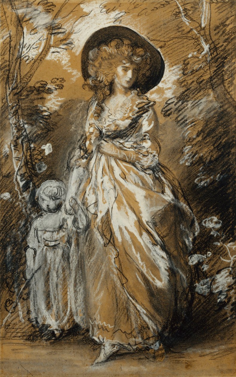 En dame, der går i en have, står i fuld længde og holder sit lille barn i hånden; Muligvis en undersøgelse til Richmond Water-Walk, af Thomas Gainsborough
