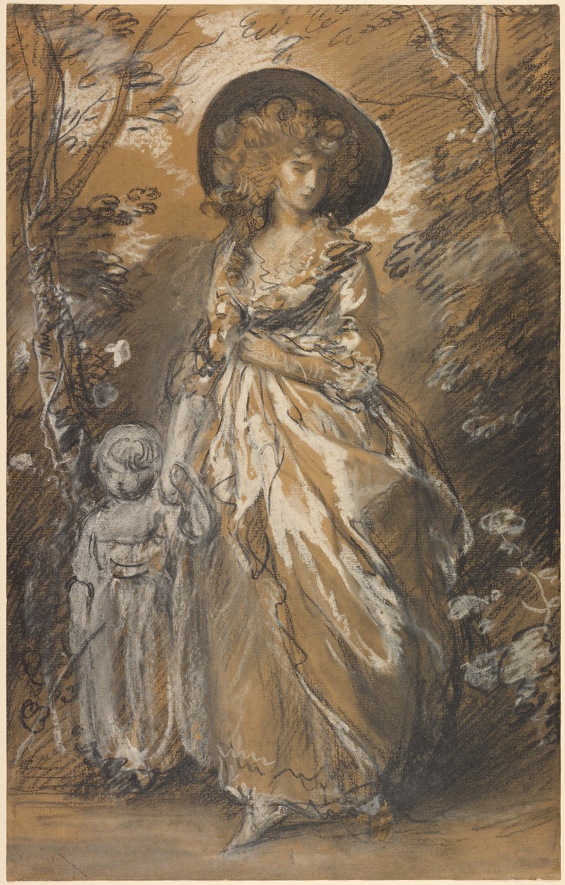 En dame, der går i en have med et barn af Thomas Gainsborough