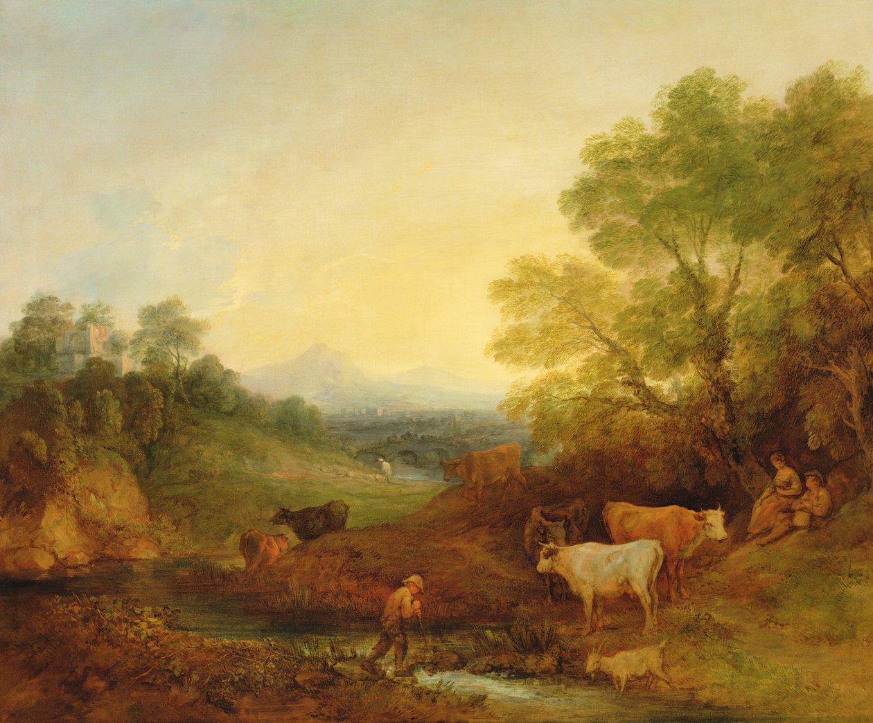 Et landskab med kvæg og figurer ved en strøm og en fjern bro, ca. 1772-4 (olie på lærred) af Thomas Gainsborough