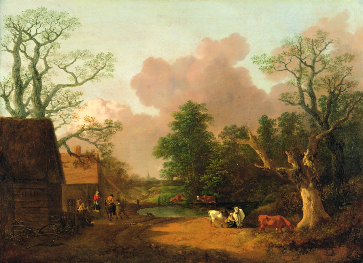 Et landskab med figurer, landbrugsbygninger og en mælkepige, ca. 1754-6 (olie på lærred) af Thomas Gainsborough