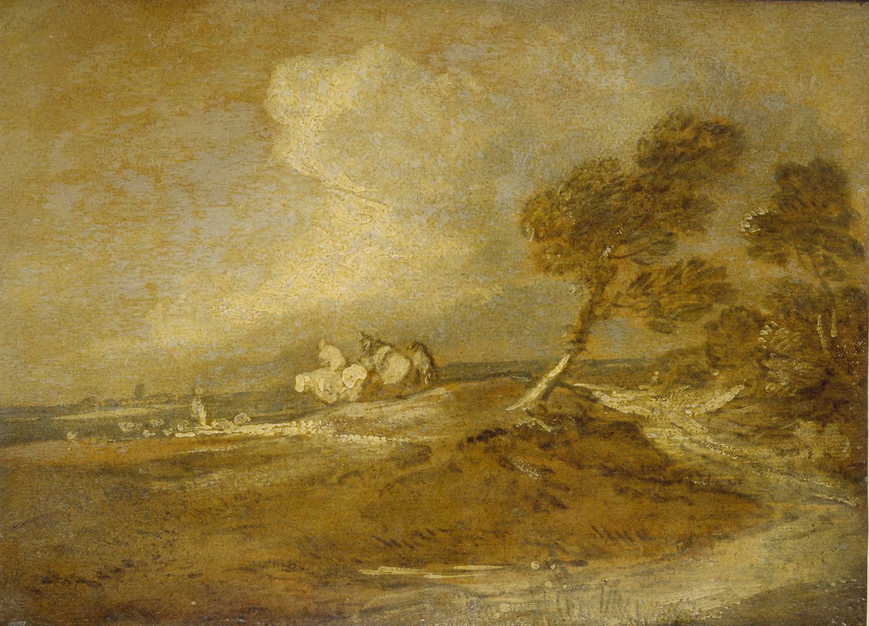 Et landskab med ryttere (olie på papir) af Thomas Gainsborough