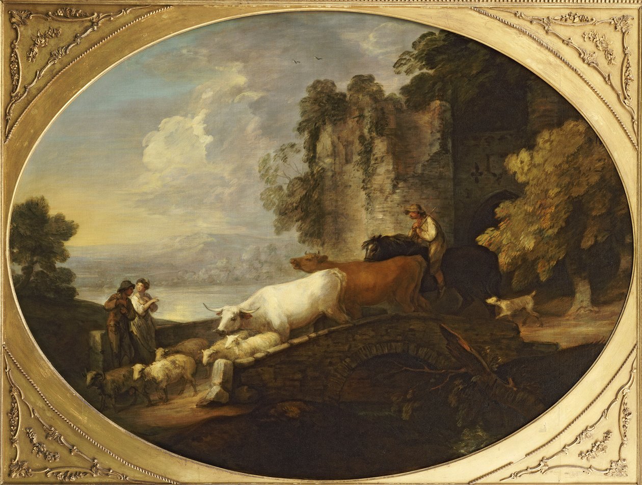 Et flodlandskab med rustikke elskere, en bereden hyrde, der driver kvæg og får over en bro med et ruineret slot hinsides af Thomas Gainsborough