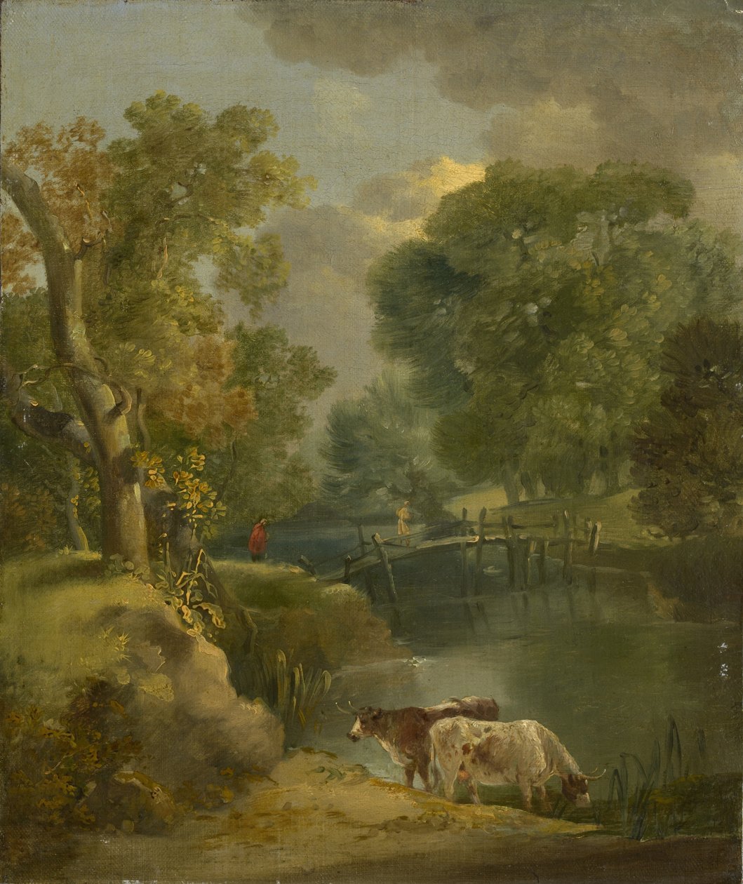 Et flodlandskab med to køer og en figur på en bro, 1700-tallet af Thomas Gainsborough