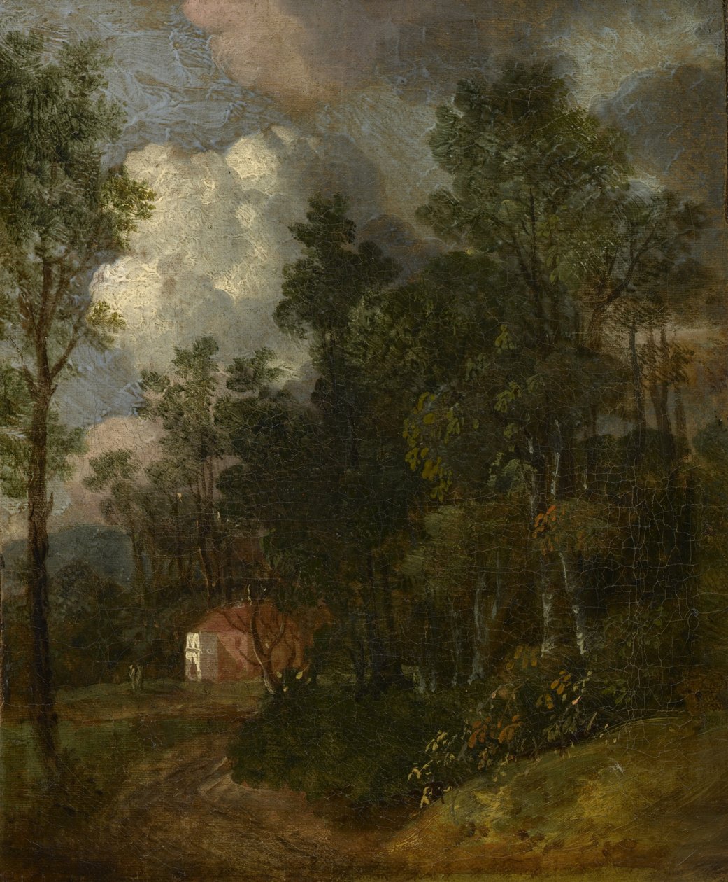 Et skovklædt landskab med figurer ved et hus, c.1752 af Thomas Gainsborough