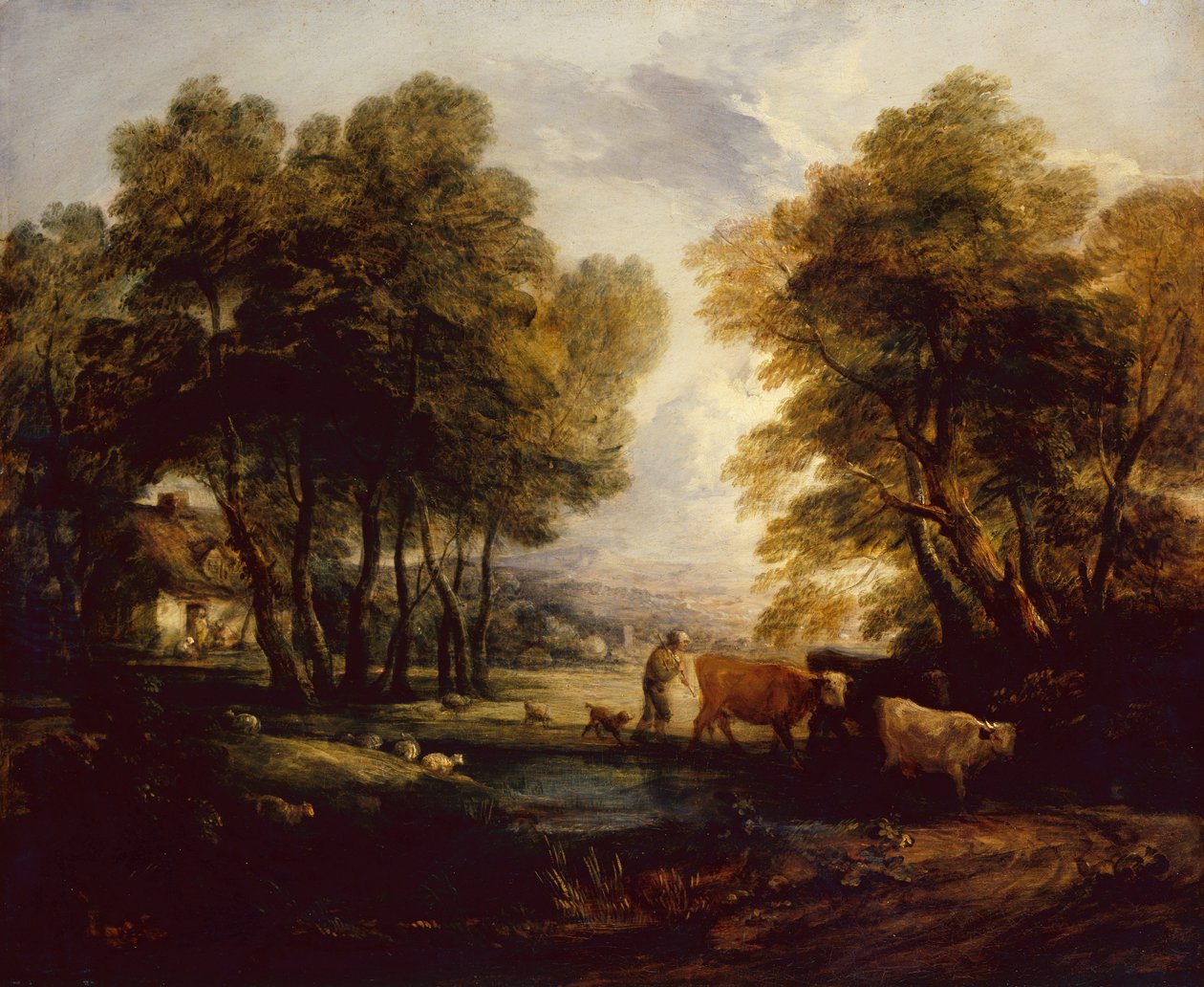 Et skovklædt landskab med hyrde, køer og får nær en pool (olie) af Thomas Gainsborough