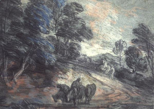 Et skovklædt landskab med heste, der drikker (pastel) af Thomas Gainsborough