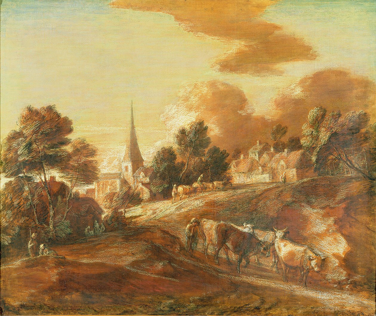 An Imaginary Wooded Village with Drovers and Cattle, c.1771-72 (olie og blandede medier på papir på lærred) af Thomas Gainsborough