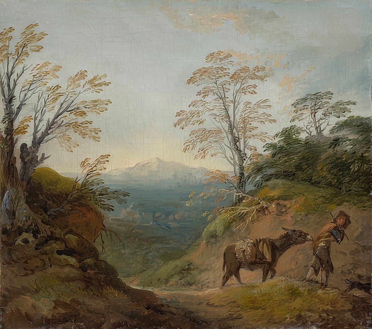 Skovklædt landskab med en dreng, der fører et æsel og en hund, og et vidstrakt panorama af bygninger og fjerne bakker. Begyndelsen af ​​1760