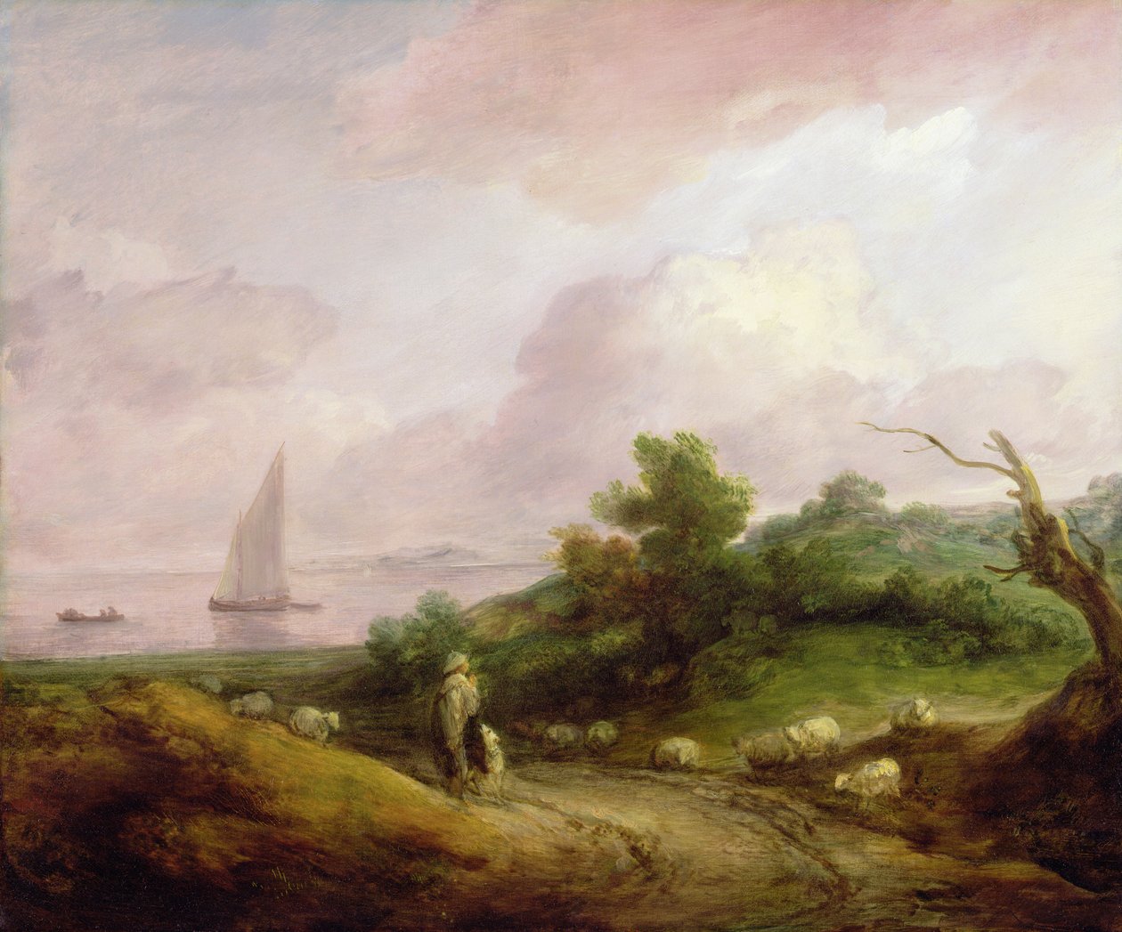 Kystlandskab med en hyrde og hans flok, ca. 1783-4 (olie på lærred) af Thomas Gainsborough