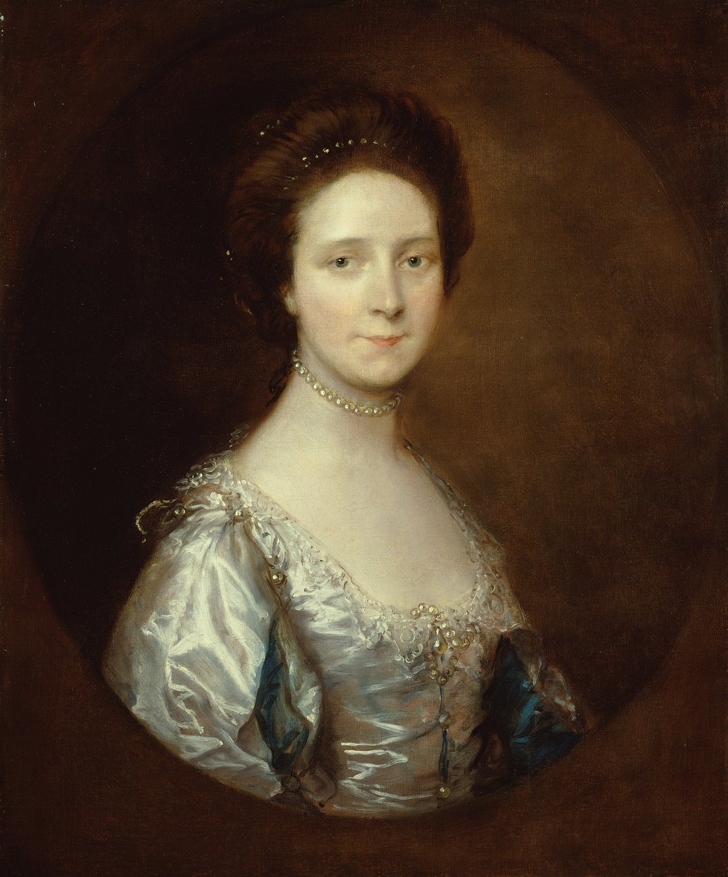 Elizabeth Parry iført en hvid kjole og blå ærmer (olie på lærred) af Thomas Gainsborough