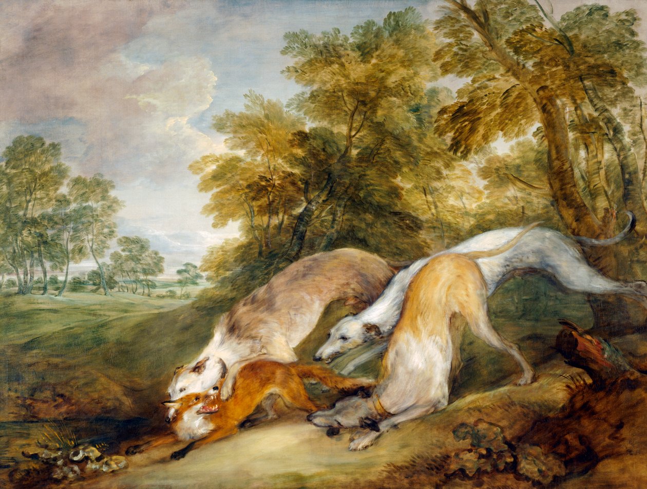Greyhounds, der jager en ræv (olie på lærred) af Thomas Gainsborough
