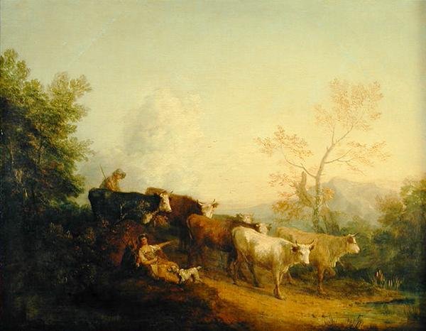 Hyrder, der driver kvæg mod en stolpe (olie på lærred) af Thomas Gainsborough