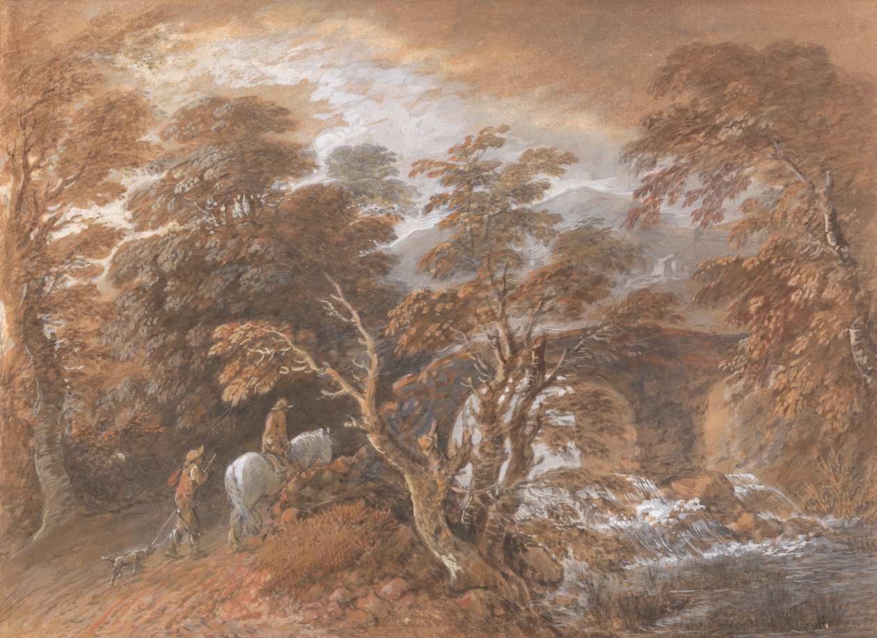 Bakket landskab med figurer, der nærmer sig en bro af Thomas Gainsborough