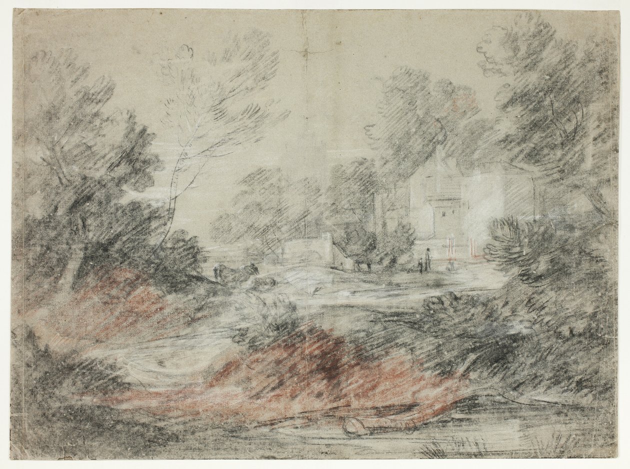 Landskab med bygninger ved en å af Thomas Gainsborough