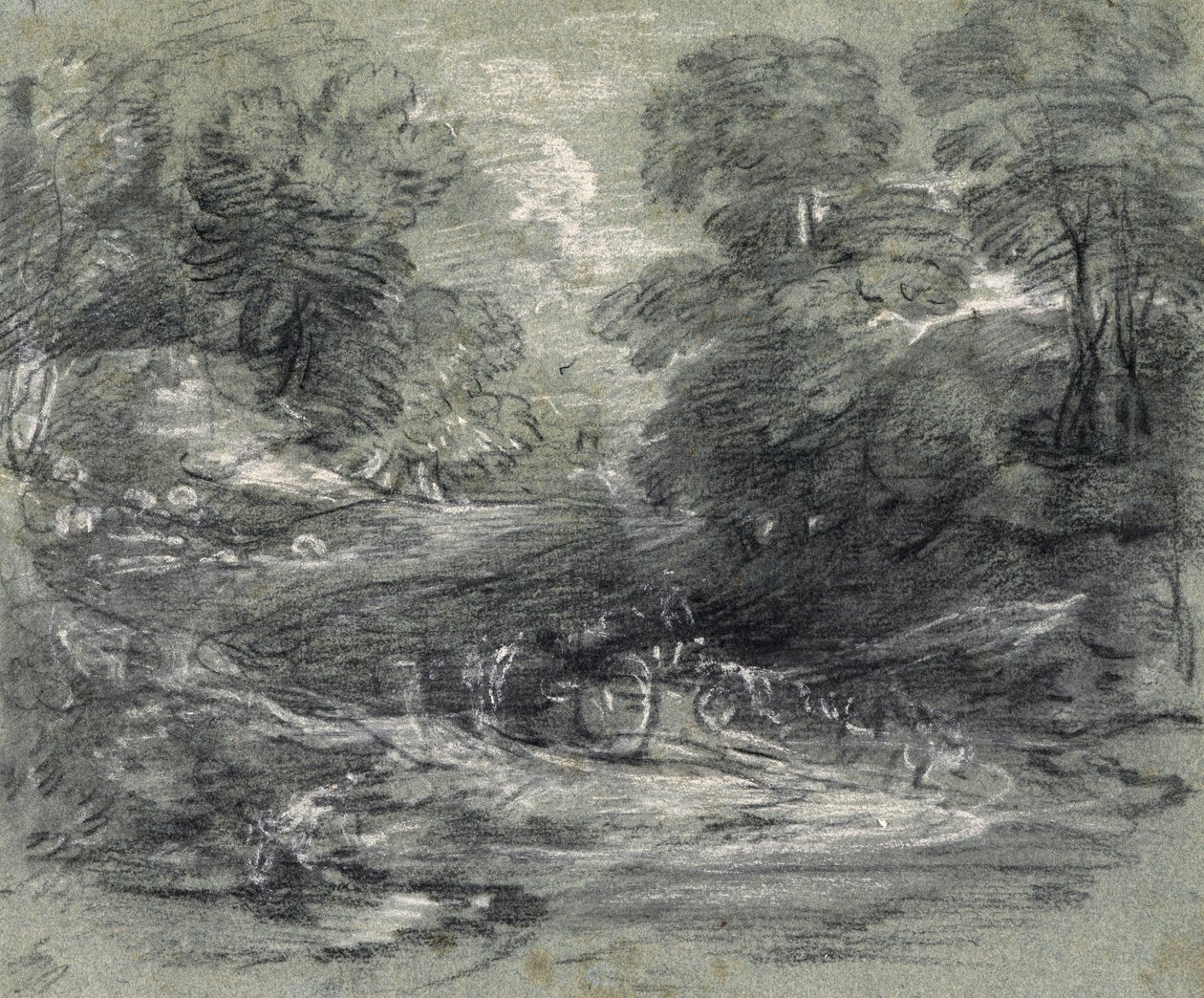 Landskab med gårdvogn på et snoet spor mellem træer (kul og gouache på papir) af Thomas Gainsborough