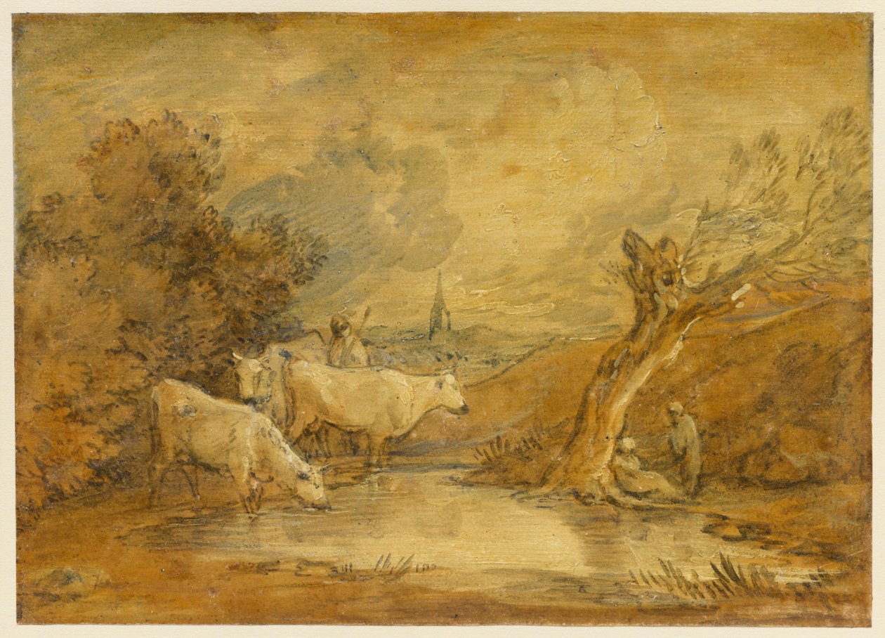 Landschaft mit Figuren, Hirte und Vieh an einem Teich, und ferne Kirche af Thomas Gainsborough
