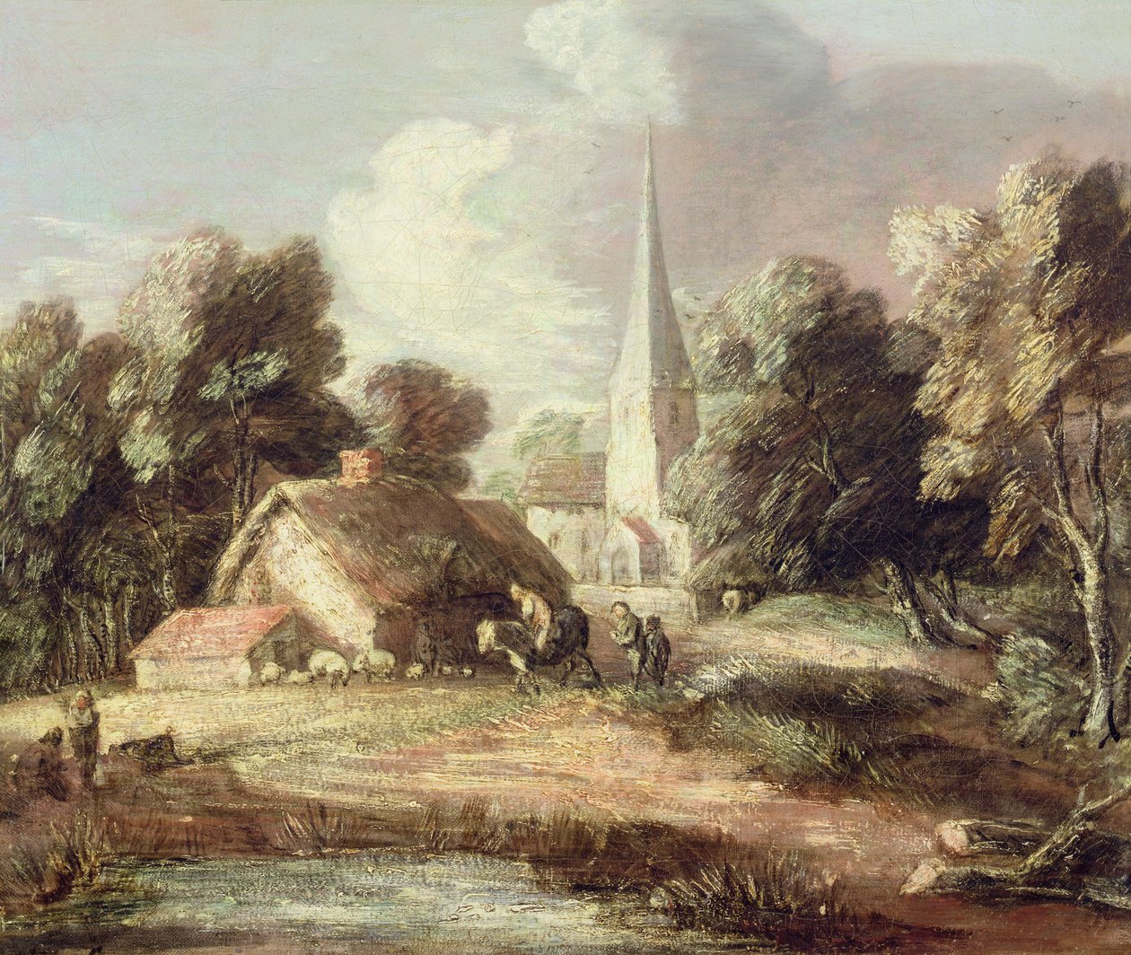 Landskab med kirke, hytte, landsbyboere og dyr, ca. 1771-2 (olie på lærred med sort kridt) af Thomas Gainsborough