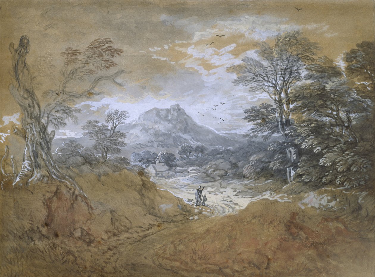 Landskab med en vej ved kanten af en skov, 1760-65 (akvarel og kropsfarve over svage markeringer i grafit på brunt papir) af Thomas Gainsborough