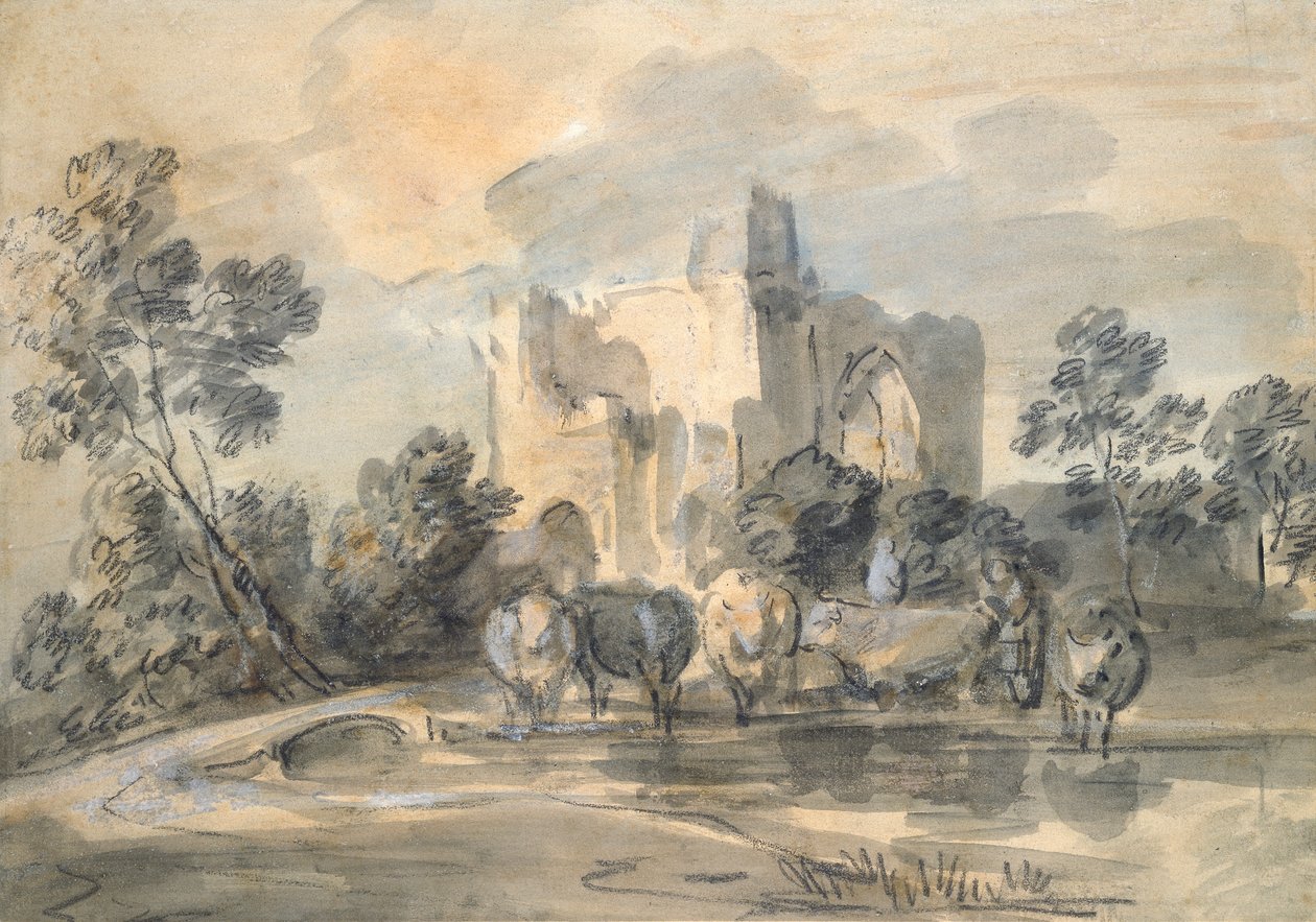Landskab med et ruineret slot og kvæg ved en pool, c1770